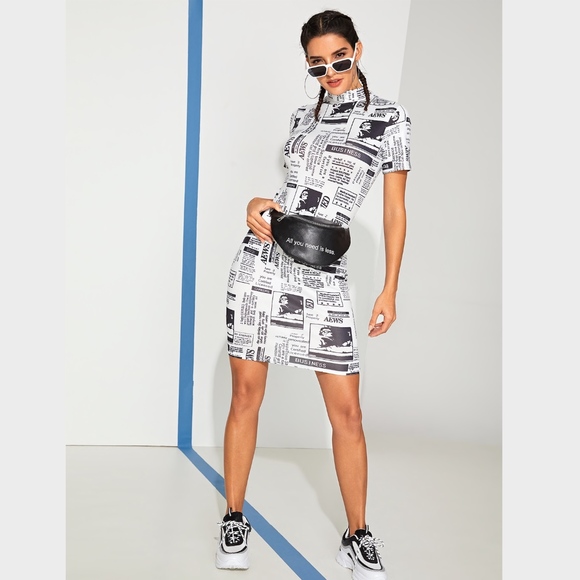 Newspaper Print Slim Mini Dress White and Black - Picture 3 of 8